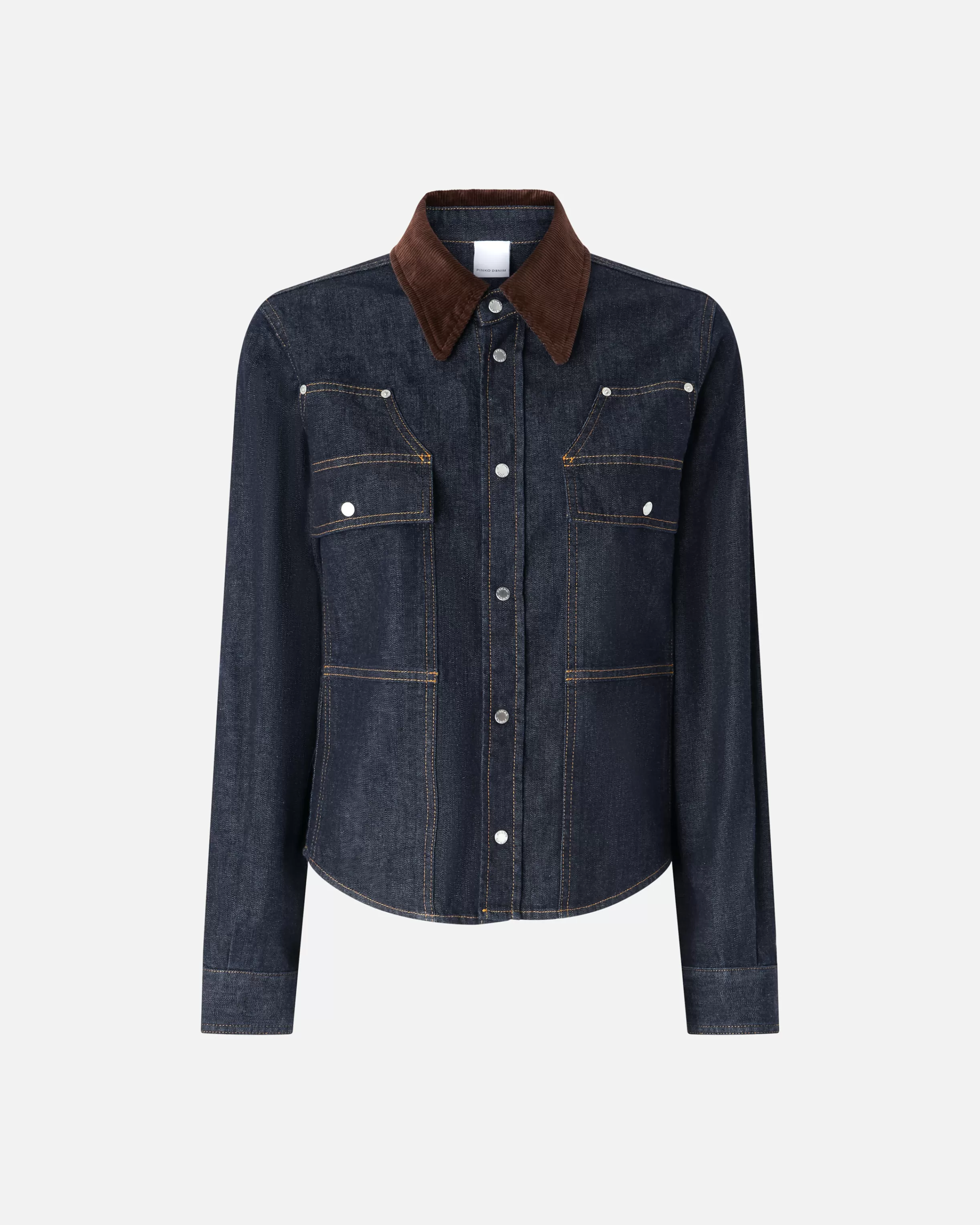 PINKO Dark blue denim shirt with needlecord collar