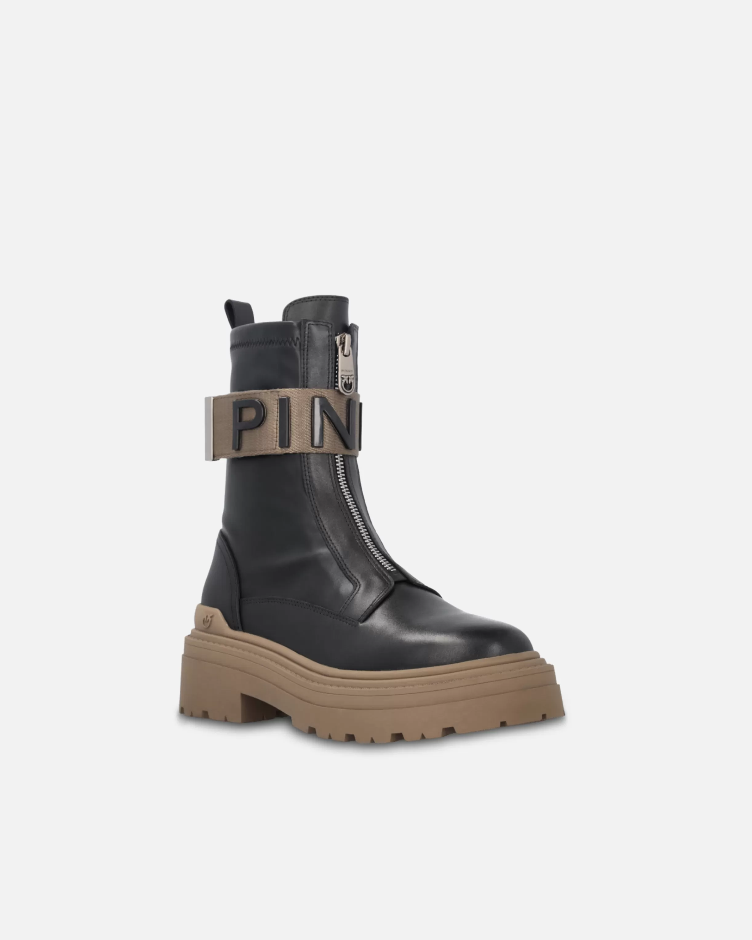 PINKO Leather combat boots with branded front stretch ribbon