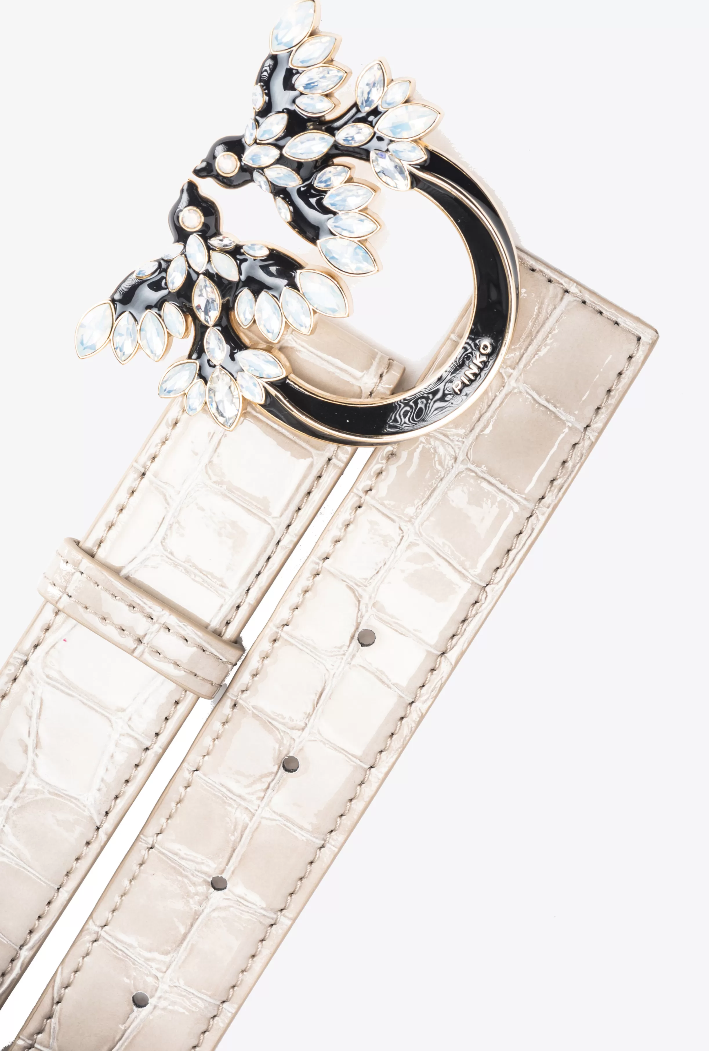 PINKO Galleria 3cm shiny croc-print belt with Love Birds buckle