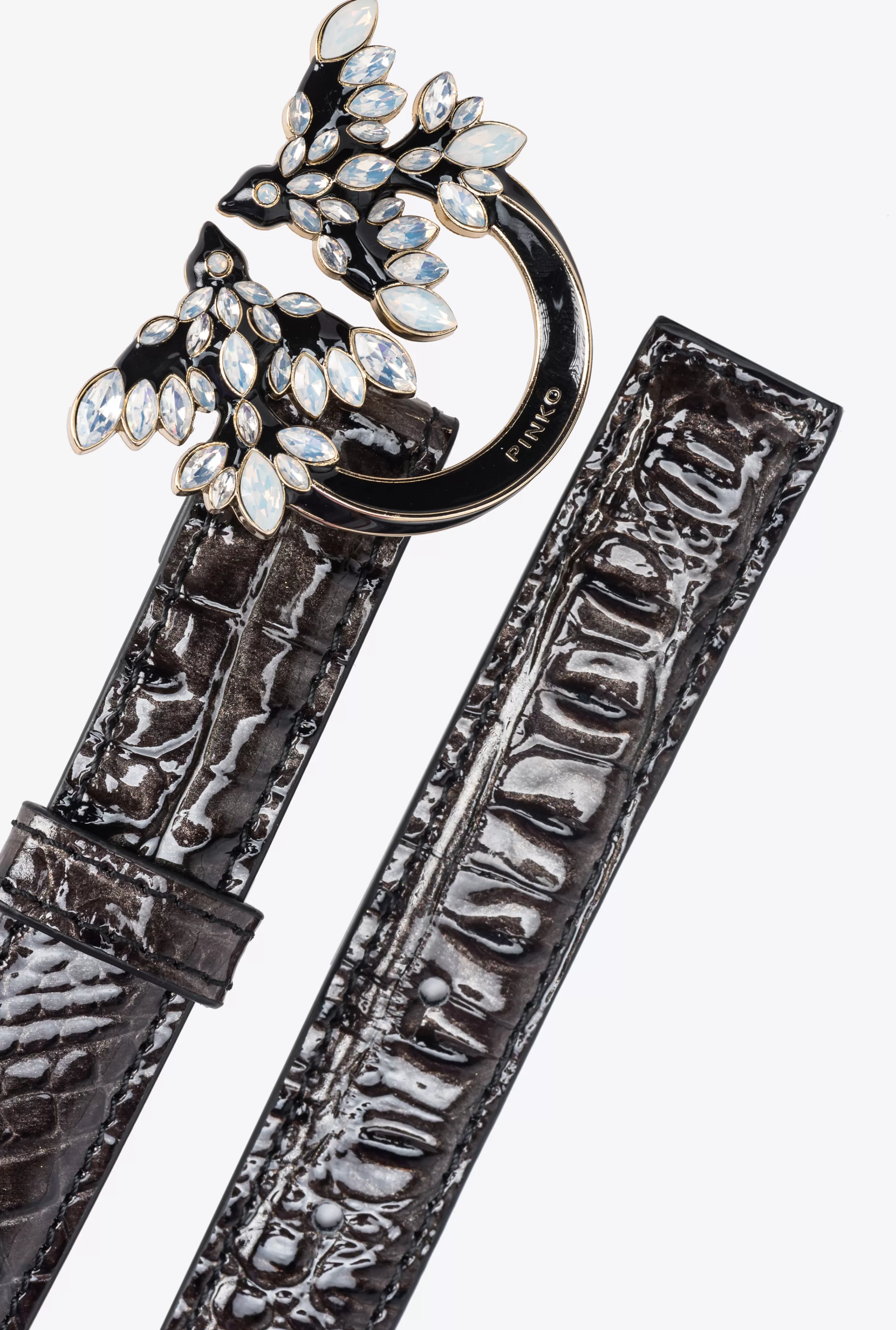 PINKO Galleria thin 2cm croc-print belt with Love Birds buckle