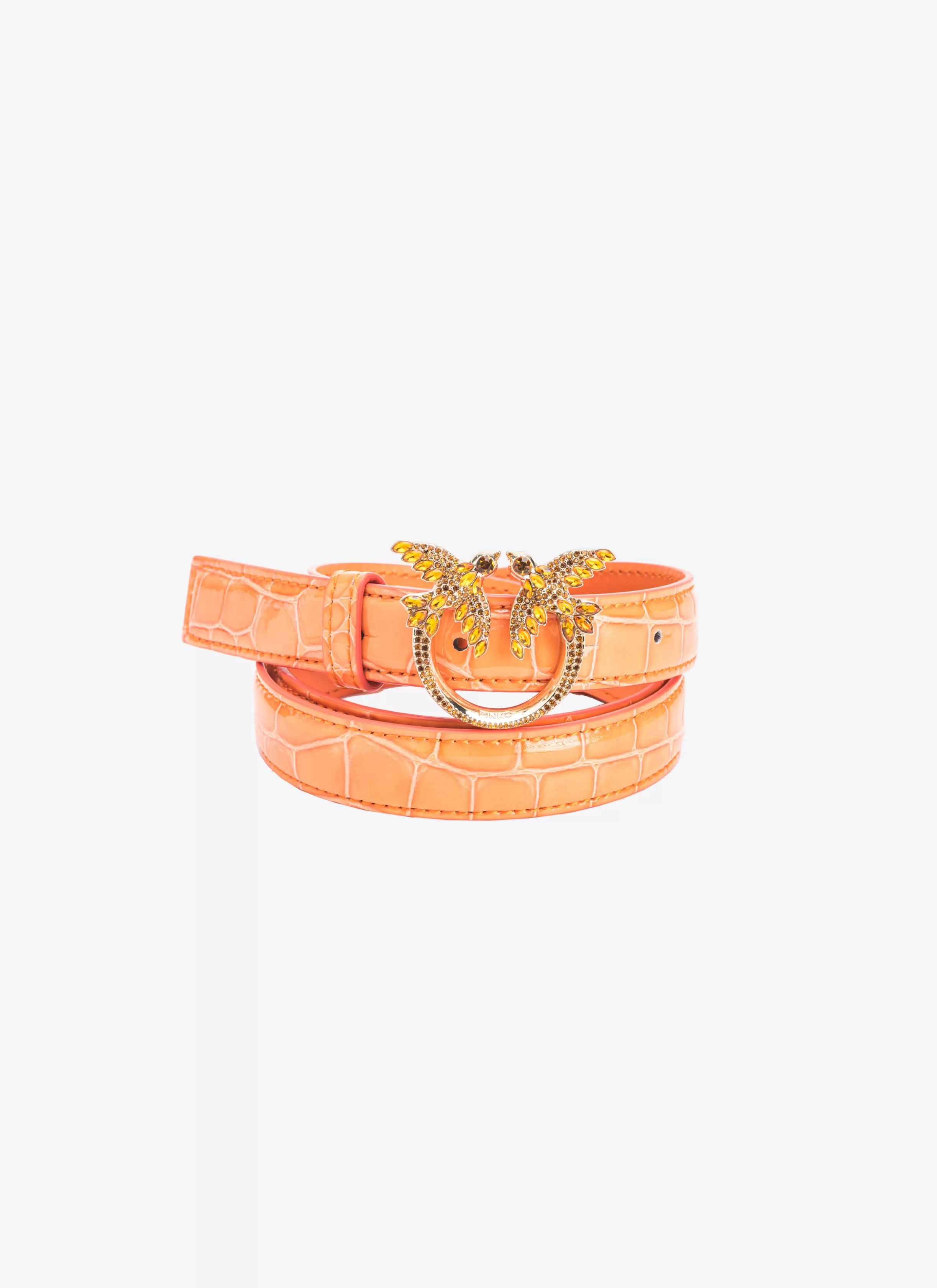 PINKO Galleria thin 2cm shiny coloured croc-print belt with Love Birds buckle