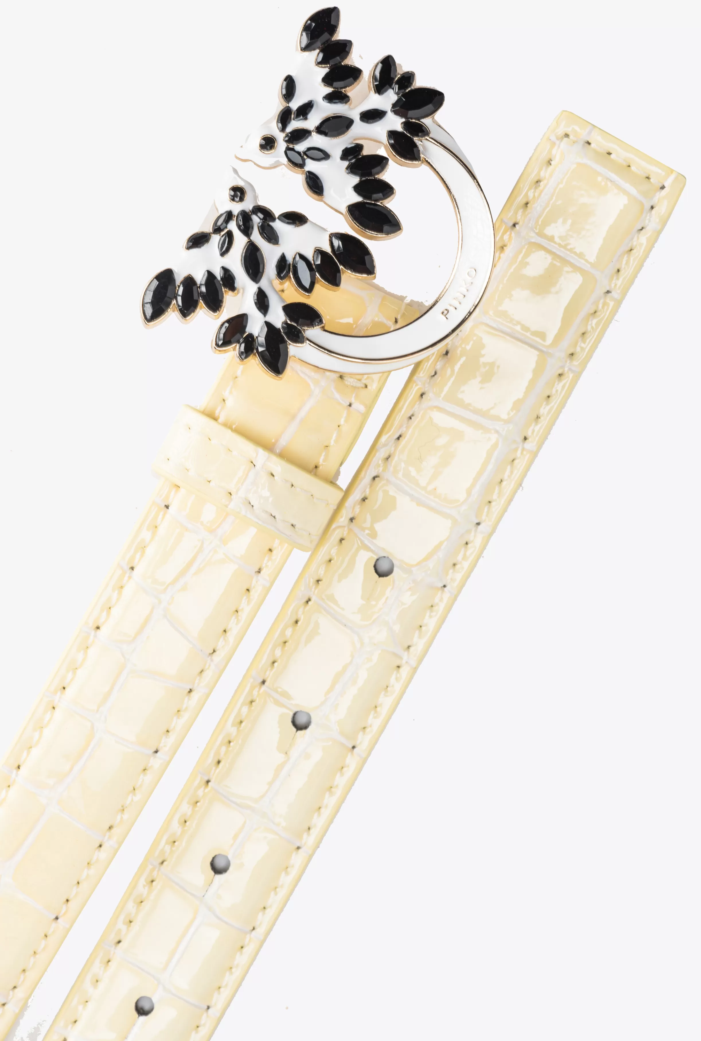 PINKO Galleria thin 2cm shiny croc-print belt with Love Birds buckle