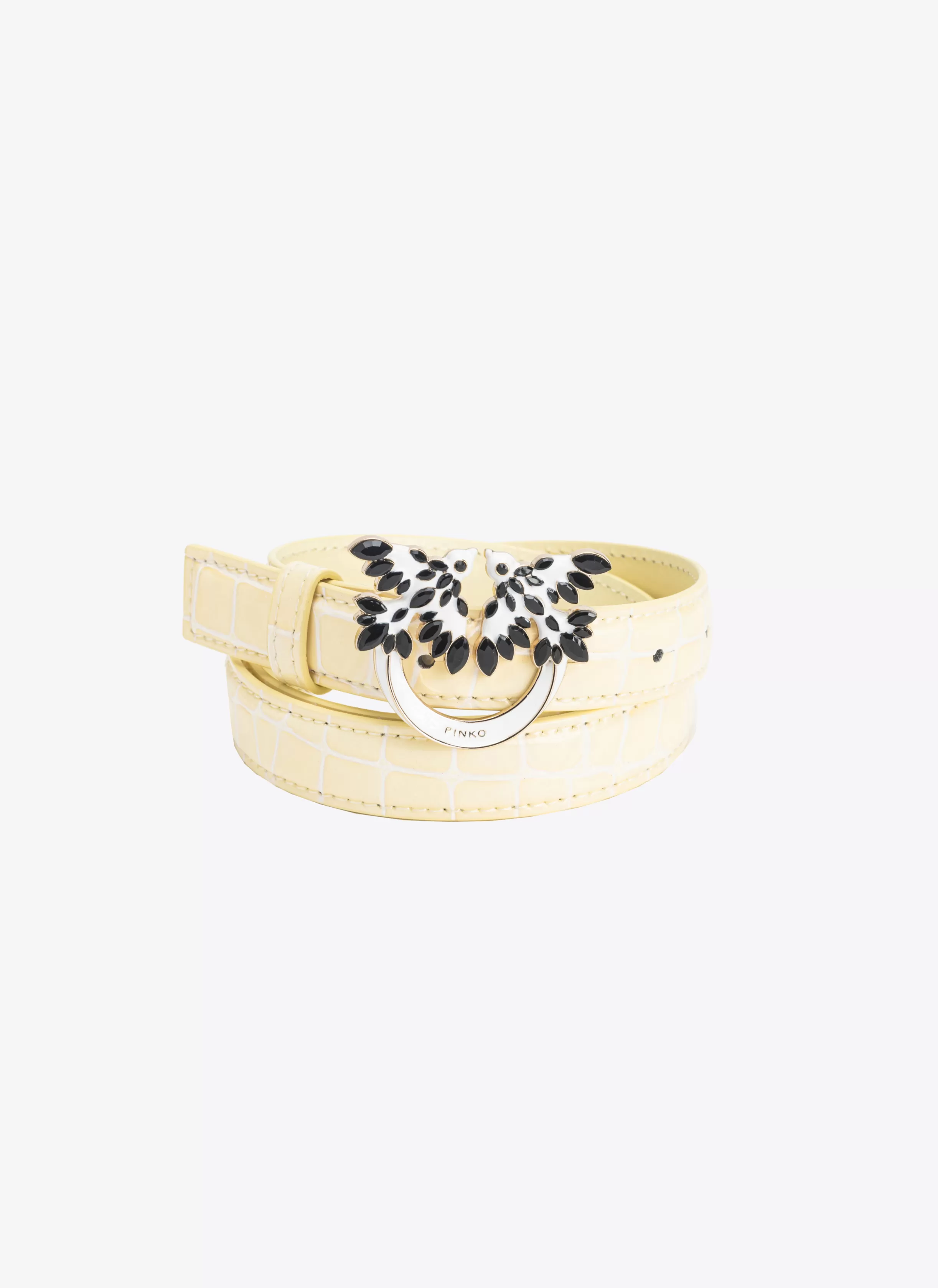 PINKO Galleria thin 2cm shiny croc-print belt with Love Birds buckle