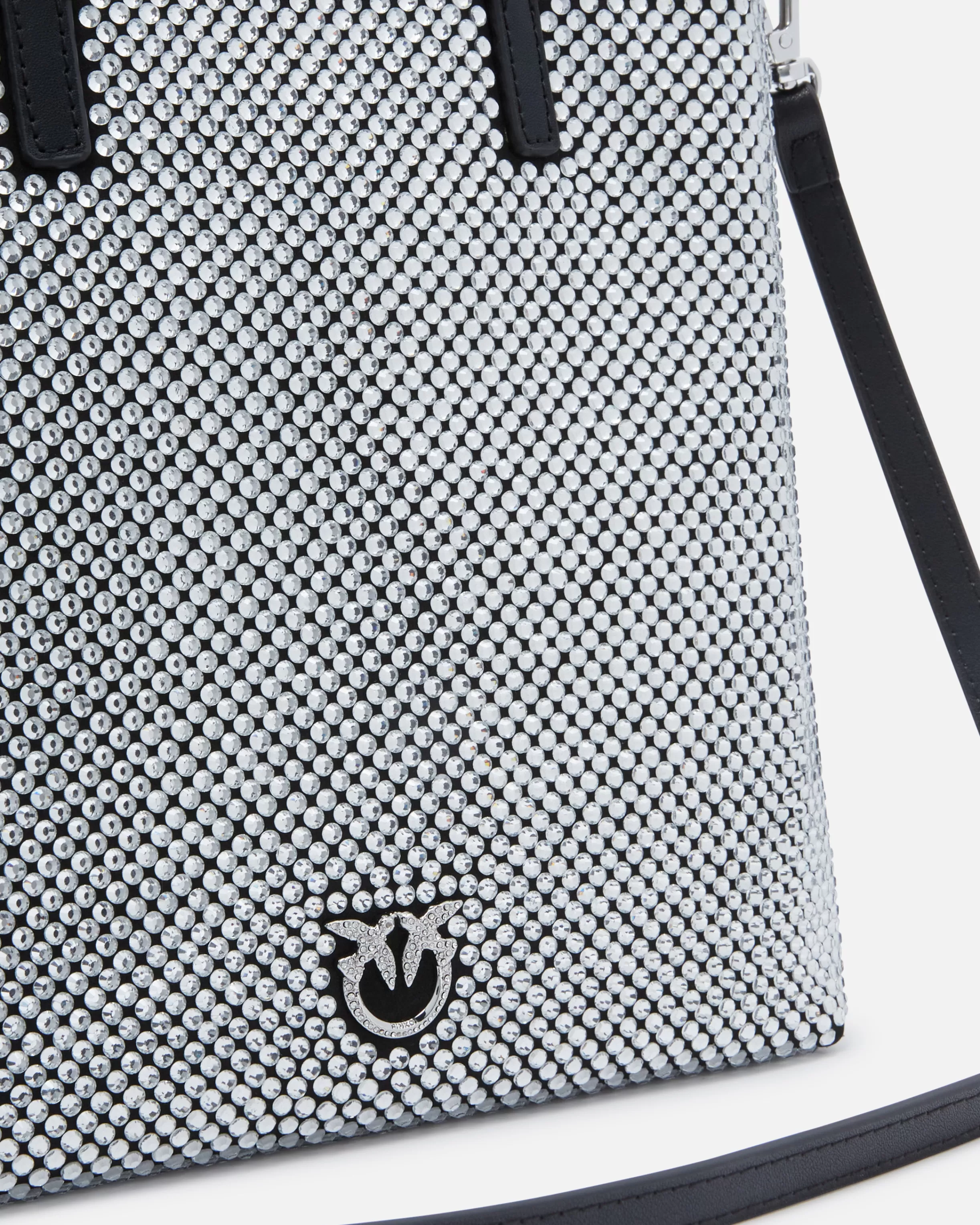 PINKO Small shopping bag with jewel rhinestones and shoulder strap