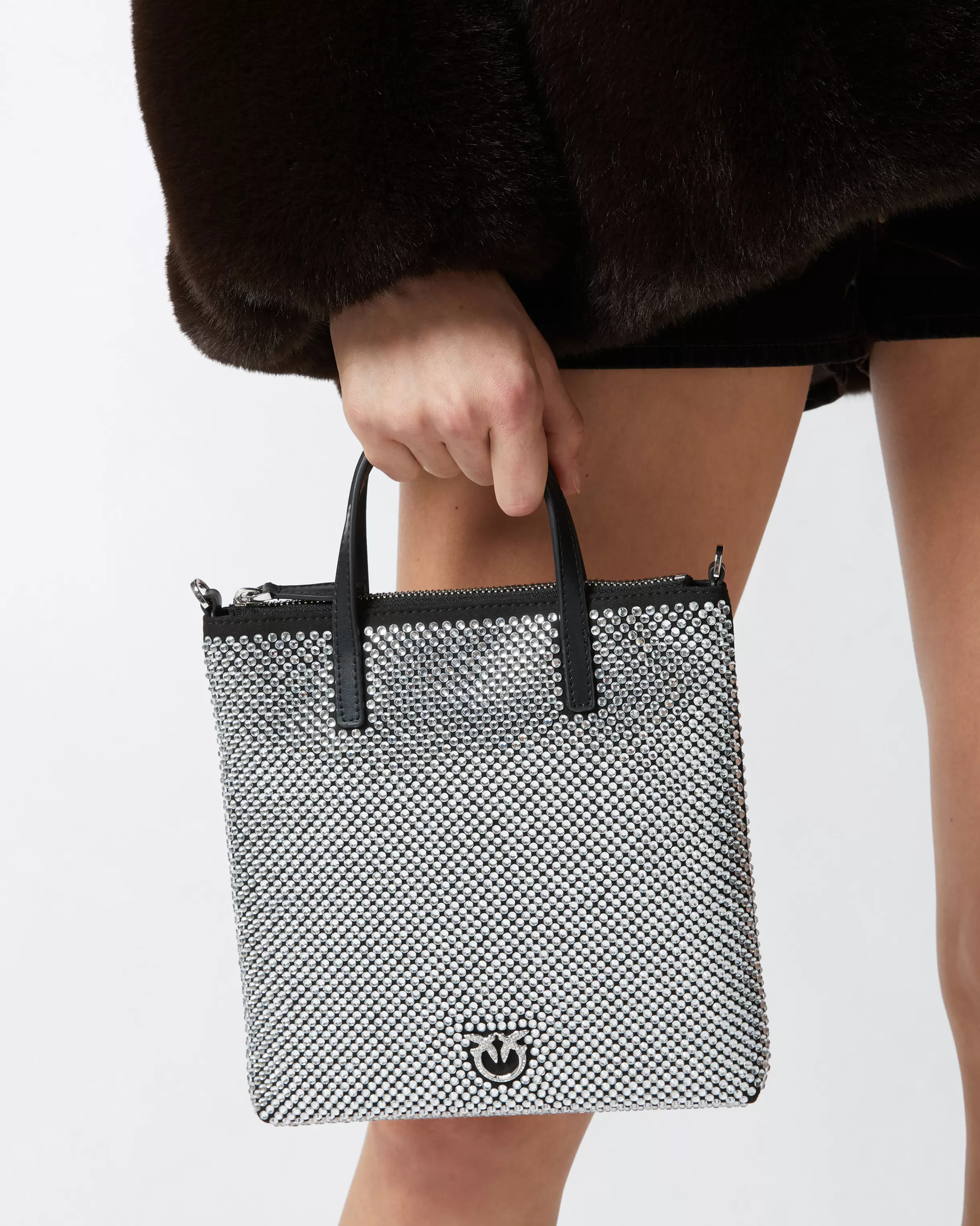 PINKO Small shopping bag with jewel rhinestones and shoulder strap