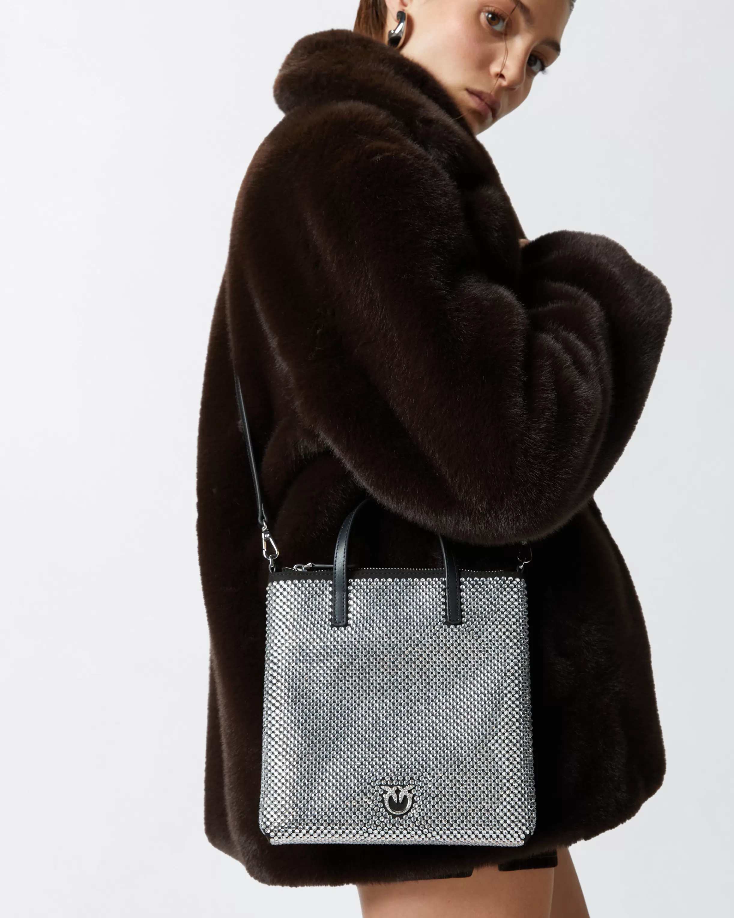 PINKO Small shopping bag with jewel rhinestones and shoulder strap