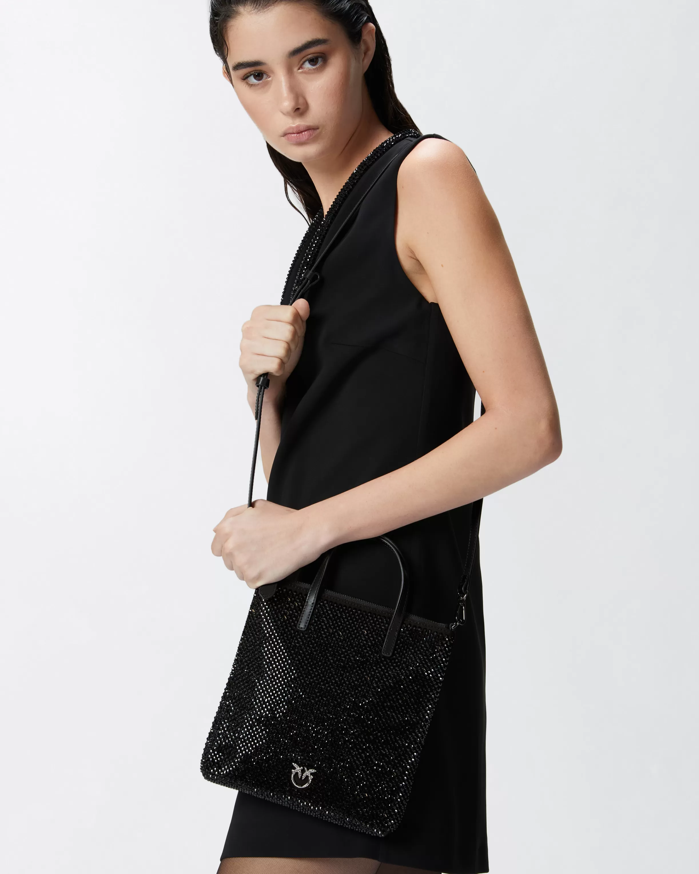 PINKO Small shopping bag with jewel rhinestones and shoulder strap